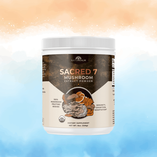 Naturealm Sacred 7 Mushroom Extract Powder 8-ounce container on background of orange and blue