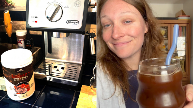 Sacred 7 next to an espresso machine on the left and a photo of the author holding an iced coffee with mushrooms on the right