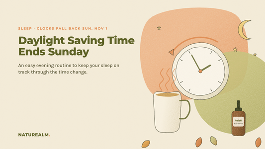 Colored-pencil sketch of a wall clock with an arrow turning back one hour, a crescent moon and stars, a warm mug of tea, a Reishi tincture bottle, and fall leaves