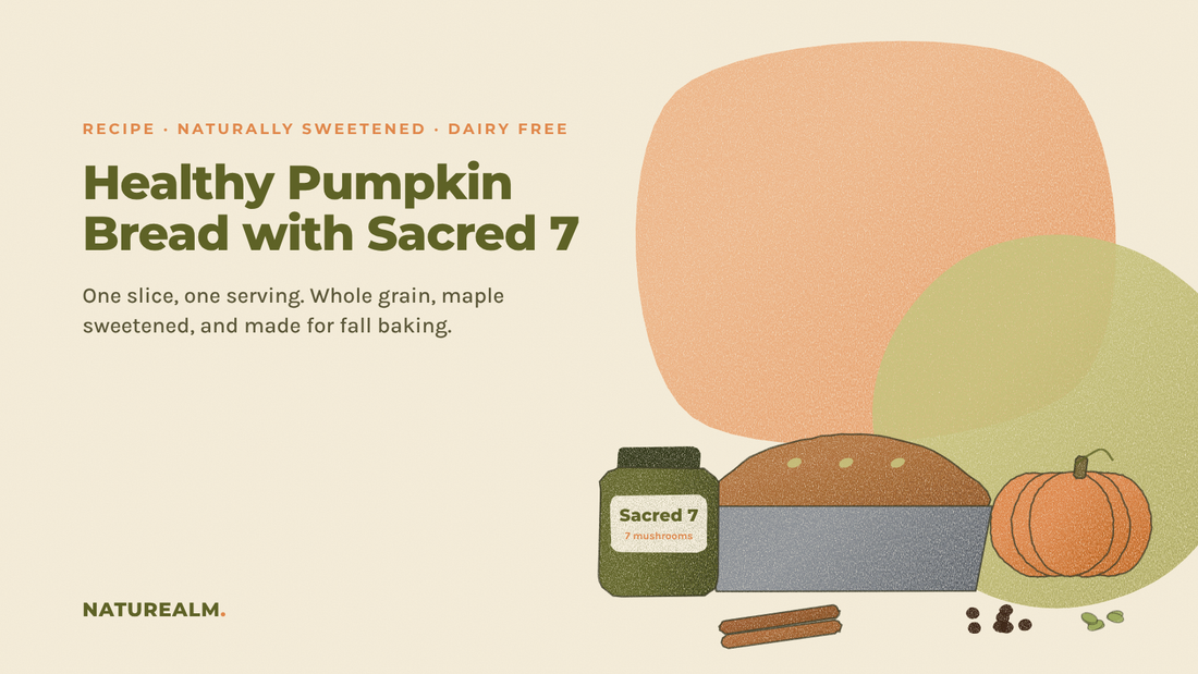 Colored-pencil sketch of a pumpkin bread loaf in a loaf pan beside a jar of Sacred 7, a small pumpkin, cinnamon sticks, chocolate chips, and pumpkin seeds