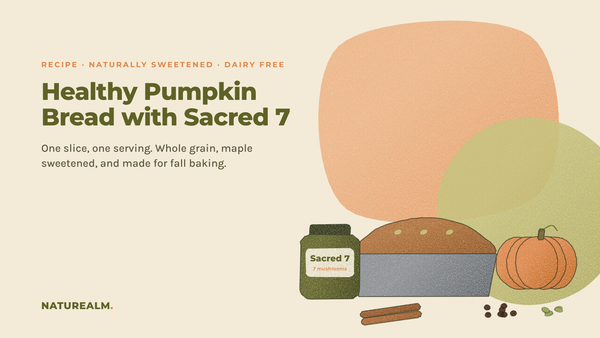 Colored-pencil sketch of a pumpkin bread loaf in a loaf pan beside a jar of Sacred 7, a small pumpkin, cinnamon sticks, chocolate chips, and pumpkin seeds