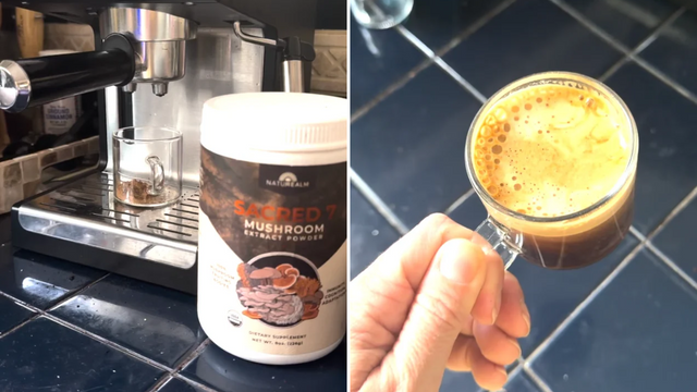 Sacred 7 8 ounce container next to an espresso machine on left and cup of mushroom espresso on the right