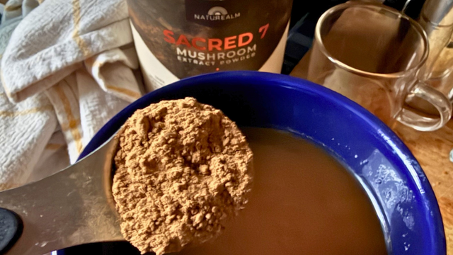 Sacred 7 Mushroom Extract Powder in teaspoon above mug of coffee with jar in background