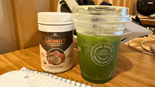 Sacred 7 Mushroom Extract Powder 2.1 oz jar next to iced matcha tonic with bike helmet in background and notebook in foreground
