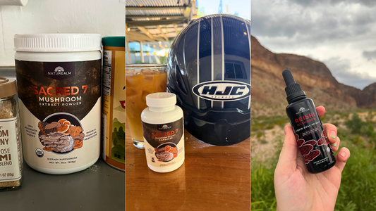 Sacred 7 Mushroom Extract Powder 8 oz jar on counter, Sacred 7 Mushroom Extract Capsules next to a motorcycle helmet on table, Reishi Liquid Dual-Extract in front of mountains in Big Bend National Park