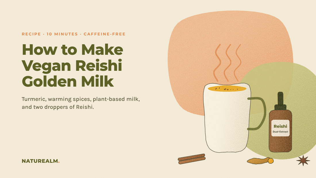 Colored-pencil sketch of a steaming mug of golden milk beside a Reishi tincture bottle, cinnamon sticks, turmeric root, and star anise